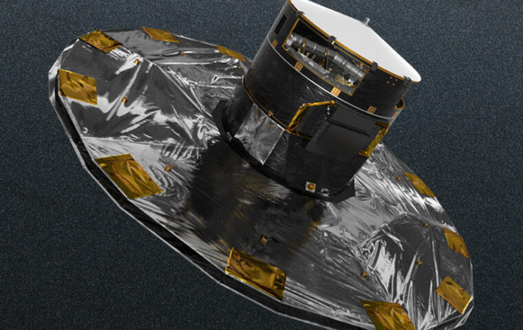 Künstlerische Darstellung des ESA-Weltraumteleskops Gaia vor der Milchstraße.