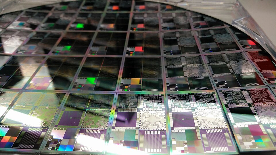 Halbleiter-Wafer mit mikroelektronischen Teststrukturen.