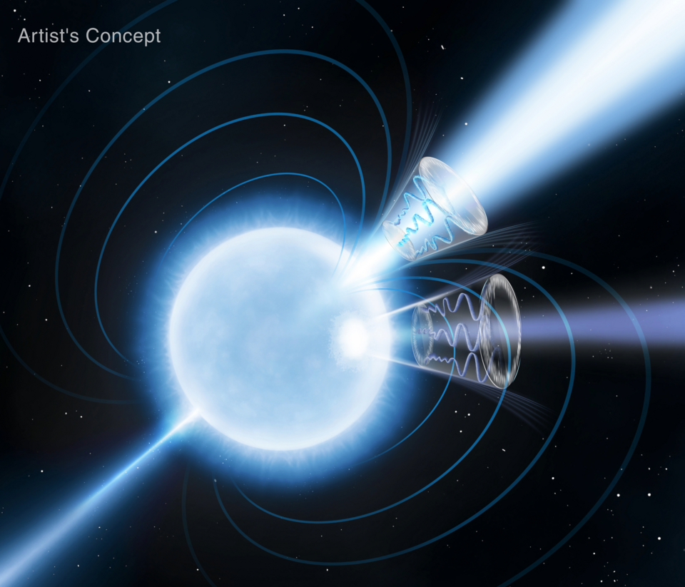 Künstlerische Darstellung des Magnetars 1E 1547.0-5408 mit eingezeichneten Magnetfeldlinien und Emissionskegeln
