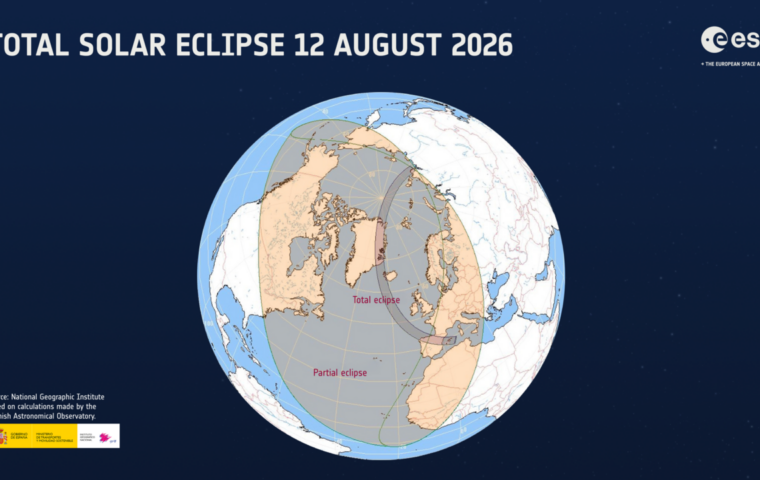 ESA-Weltkarte der totalen Sonnenfinsternis vom 12. August 2026 mit dem schmalen Totalitätskorridor und der größeren partiellen Sichtbarkeitszone.