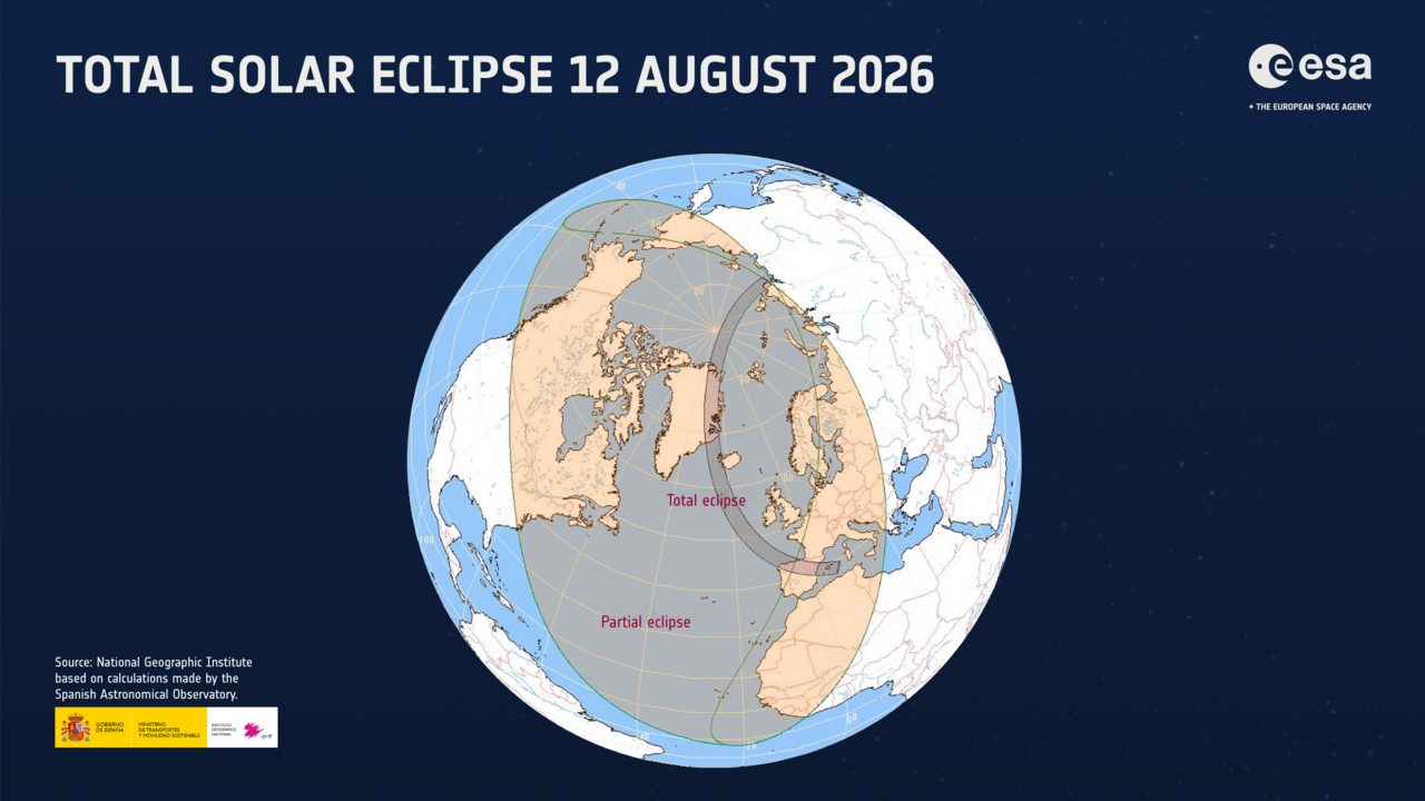ESA-Weltkarte der totalen Sonnenfinsternis vom 12. August 2026 mit dem Totalitätskorridor.