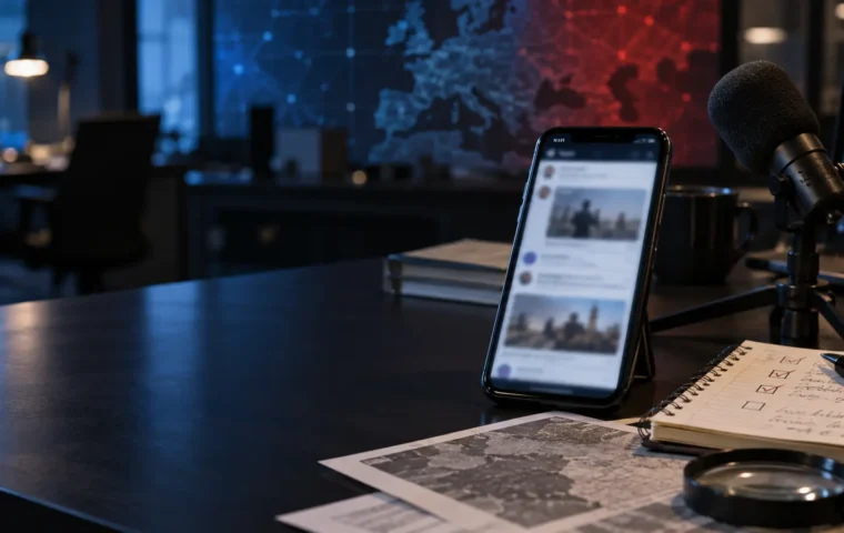 KI-Symbolbild eines Redaktionsarbeitsplatzes mit Smartphone, Mikrofon, Landkarte und Prüfnotizen