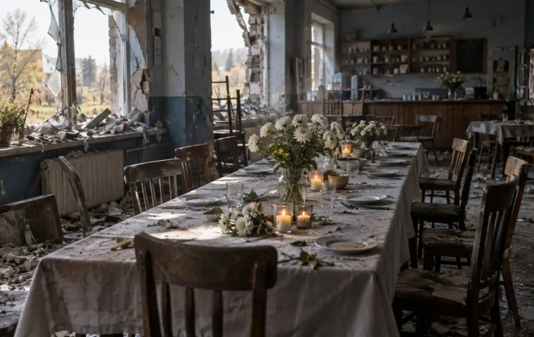 KI-Symbolbild eines beschädigten ländlichen Cafés mit gedeckter leerer Tafel, weißen Blumen und Kerzen