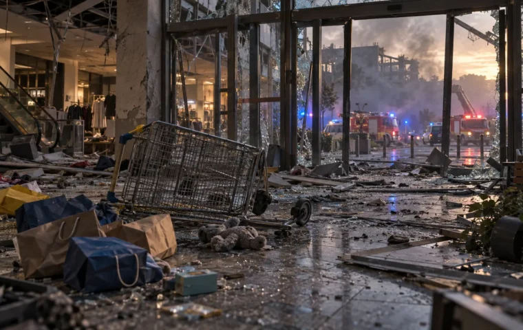 KI-Symbolbild eines zerstörten Einkaufszentrums mit umgestürztem Einkaufswagen und Rettungsfahrzeugen vor dem Eingang