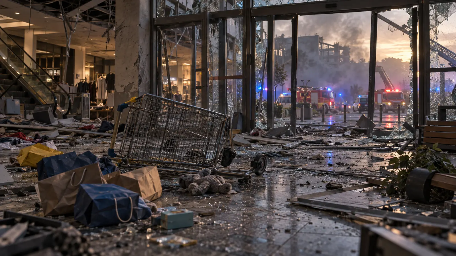 KI-Symbolbild eines zerstörten Einkaufszentrums mit umgestürztem Einkaufswagen und Rettungsfahrzeugen vor dem Eingang