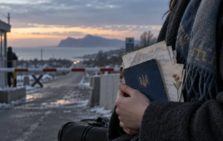 Hände halten einen ukrainischen Pass und Briefe vor einem winterlichen Kontrollpunkt auf einer Straße zum Meer