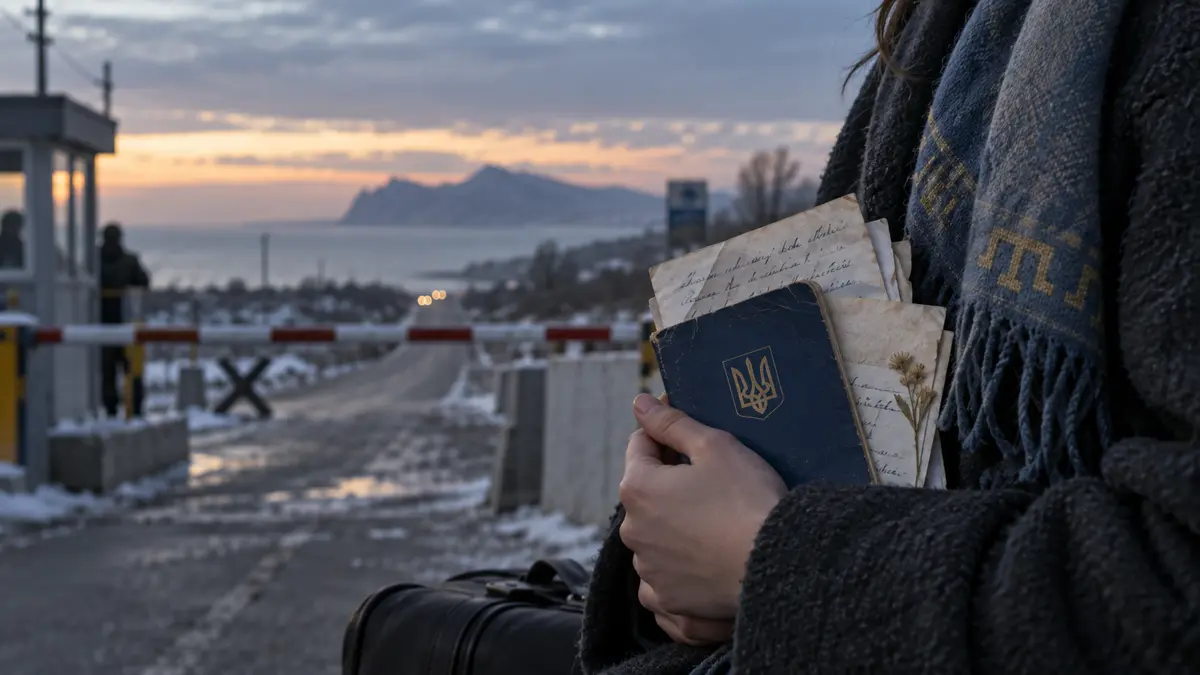 Hände halten einen ukrainischen Pass und Briefe vor einem winterlichen Kontrollpunkt auf einer Straße zum Meer