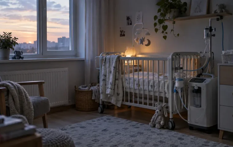 Leeres Kinderbett neben einem Sauerstoffkonzentrator in einem stillen Kinderzimmer bei Morgendämmerung