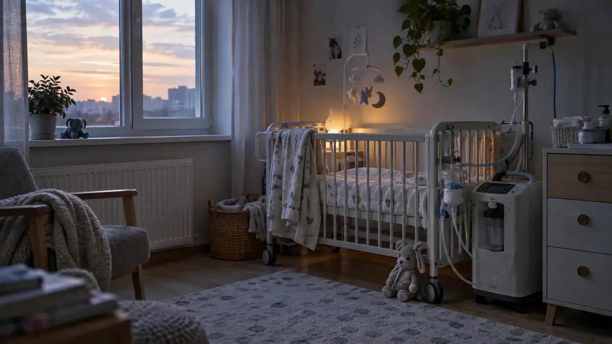 Leeres Kinderbett neben einem Sauerstoffkonzentrator in einem stillen Kinderzimmer bei Morgendämmerung