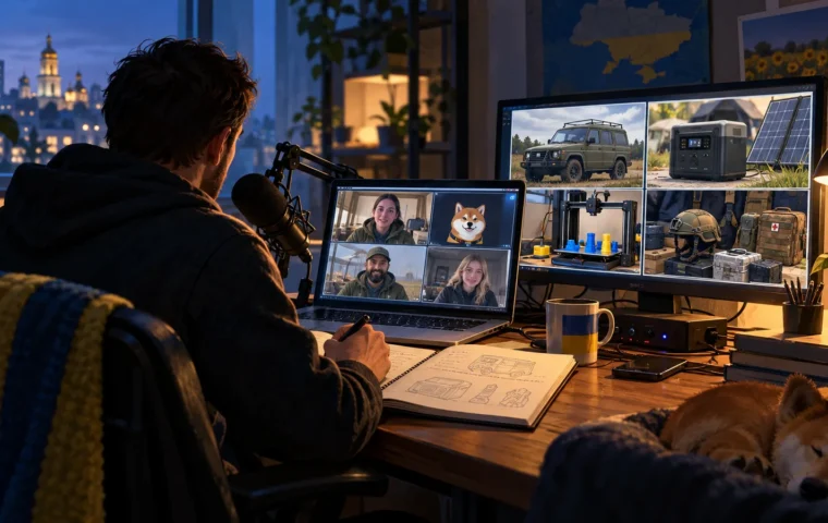 Redaktionelles KI-Symbolbild: Ein anonymer digitaler Ukraine-Unterstützer arbeitet an einem Laptop mit Video-Interviews und Kampagnenbildern.