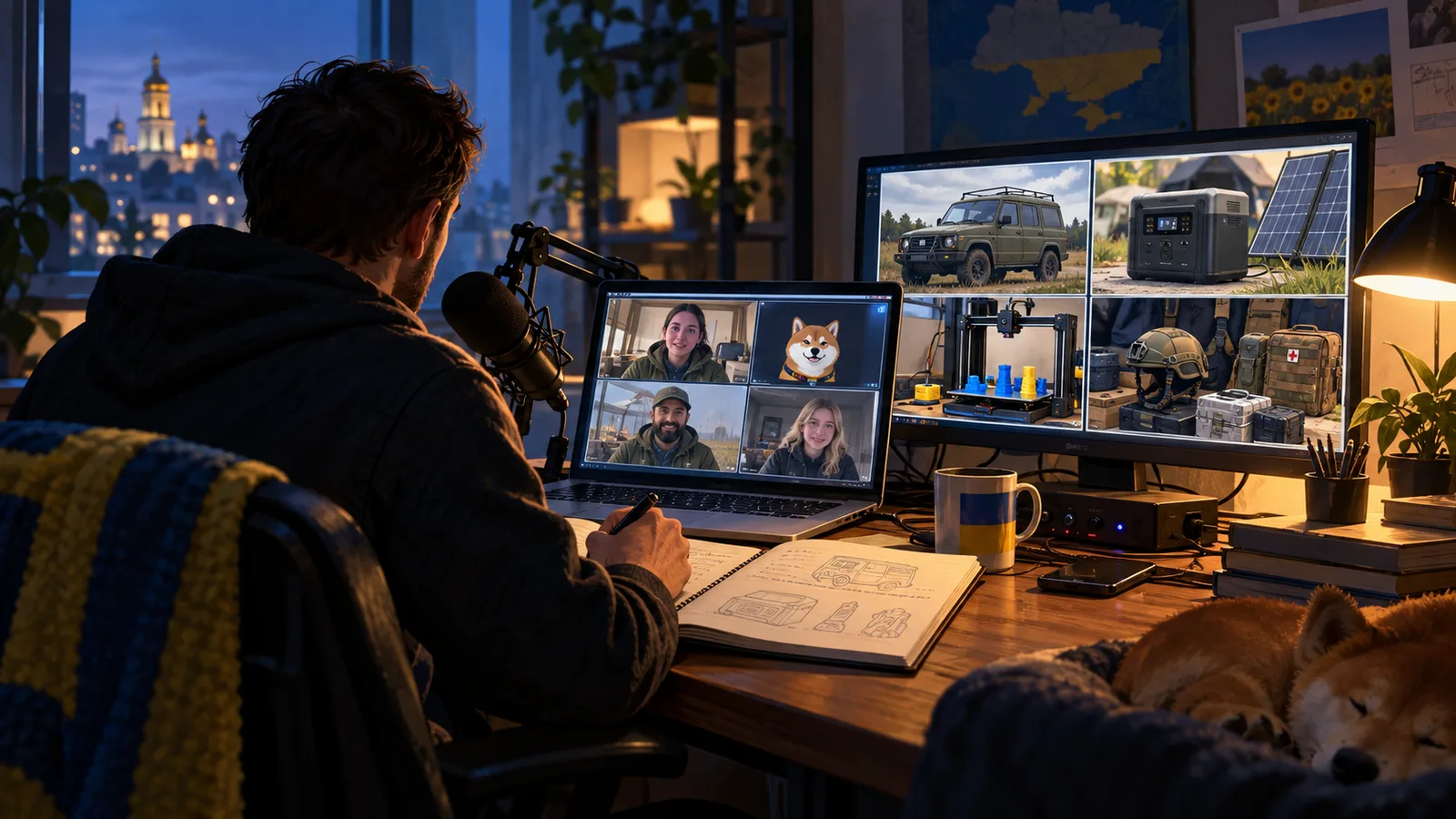Redaktionelles KI-Symbolbild: Ein anonymer digitaler Ukraine-Unterstützer arbeitet an einem Laptop mit Video-Interviews und Kampagnenbildern.